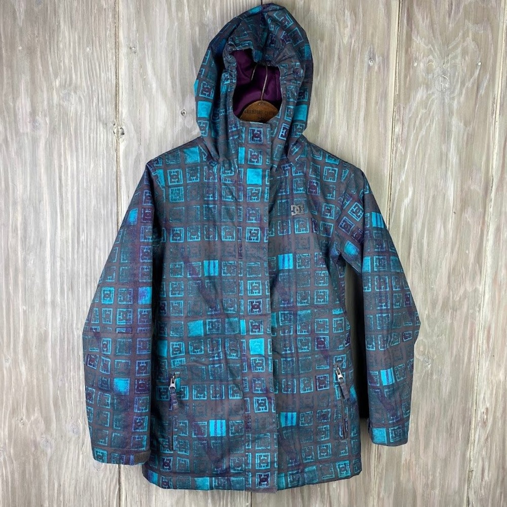 DC Shoes Fuse K14 Girls Winter Ski Jacket Hooded Geometric Print‎ Blue Teal Sz M